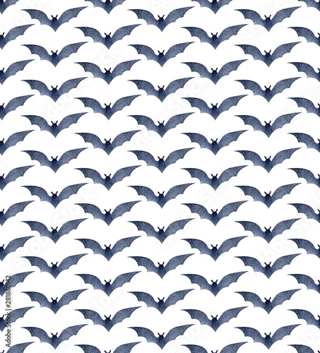 Wallpaper Mural Seamless bat pattern for Halloween on white watercolor background. Decoration for the autumn holiday. Mystical, fabulous, fun style. Bright background for packaging, textiles, Torontodigital.ca