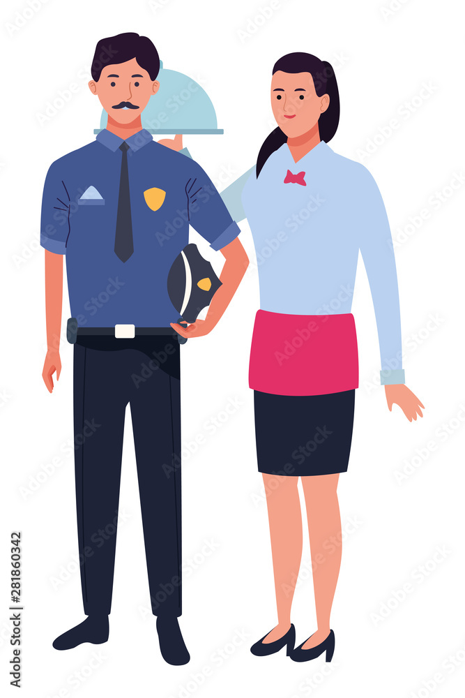 Professionals workers couple smiling cartoons Professionals workers couple smiling cartoons