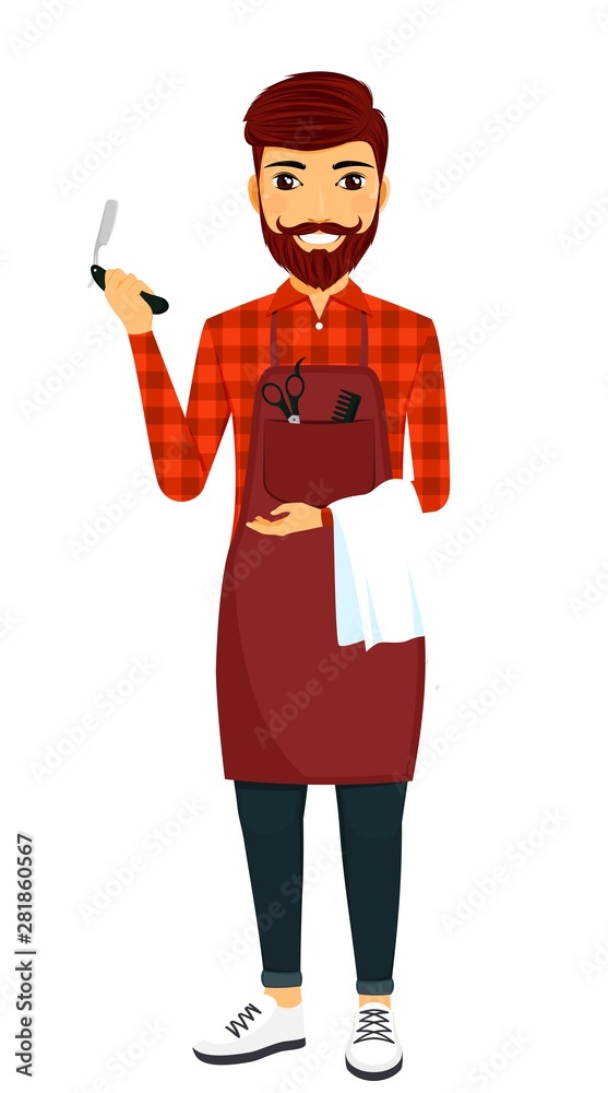 A young guy a professional hairdresser. The Barber holding a razor and a towel. Lifestyle. Flat style on white background. Cartoon.