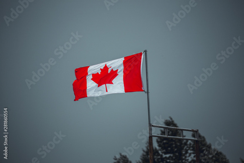 Canadian flag waving in the strong wind as bad weather approaches and the sky turns grey. Beautiful color contrast photo