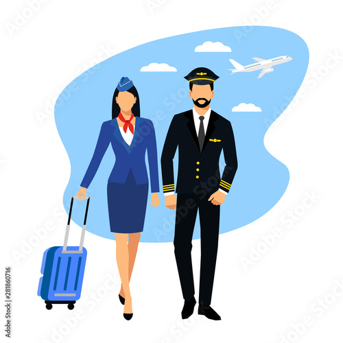 Illustration of stewardess dressed in blue uniform. Flight attendant and a pilot isolated on a white background. vector illustration