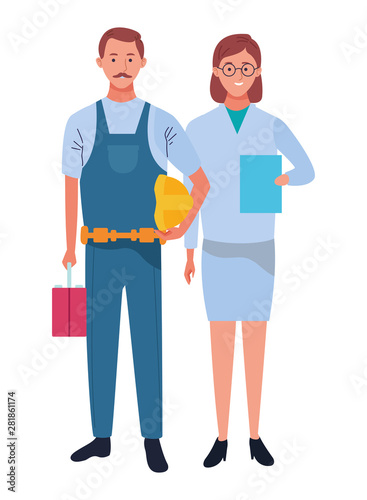 Professionals workers couple smiling cartoons © Jemastock