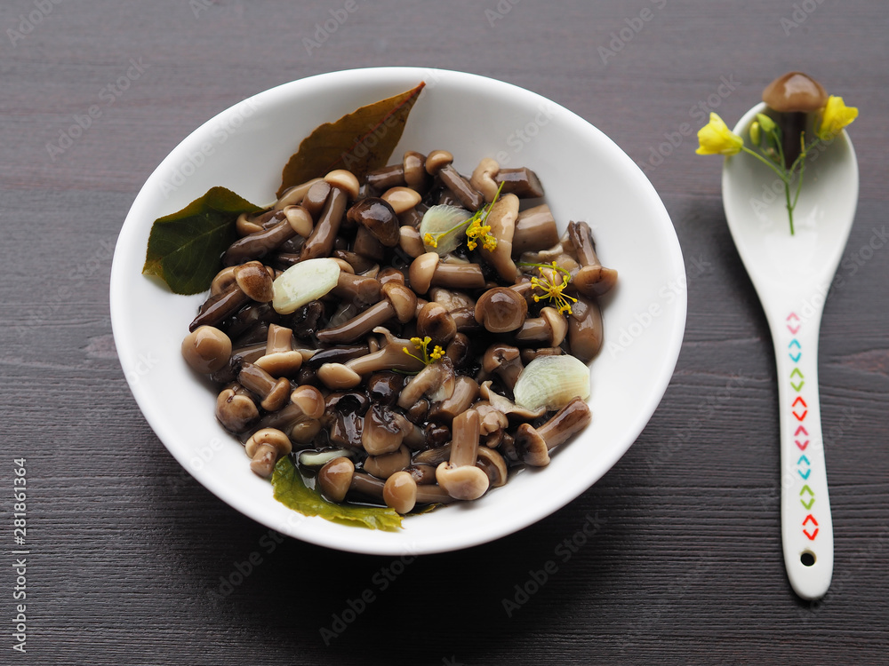 Tasty and nice marinated mushrooms with spices in a white plate on a dark background. Home recipe pickles - mushrooms with garlic and herbs close-up. Tasty and nice marinated mushrooms with spices in a white plate on a dark background. Home recipe pickles - mushrooms with garlic and herbs close-up.