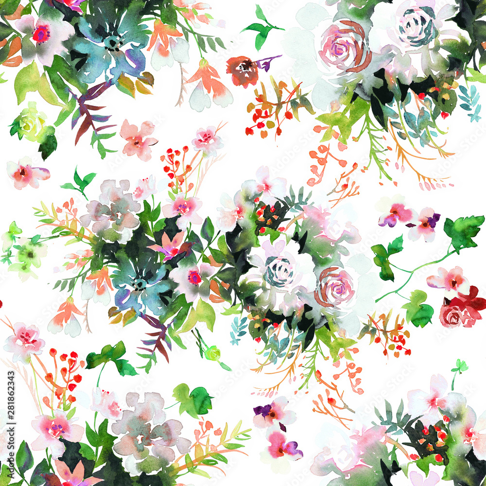 Watercolor floral seamless pattern.  Opulent bunches of large roses with leaves. Botanical background for textile, fabric, wrapping or surface. - obrazy, fototapety, plakaty 