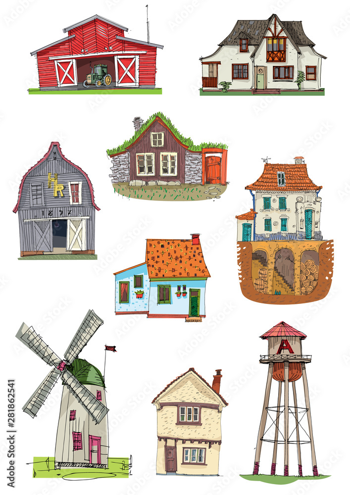 Set of different rural buildings. Typical village architecture. Cartoon. Caricature.