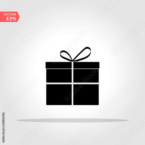 Black gift box with white ribbon and bow isolated on white background. Vector illustration.