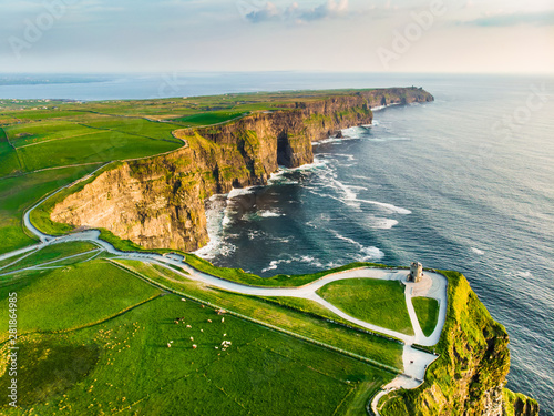World famous Cliffs of Moher, one of the most popular tourist destinations in Ireland. Aerial view of known tourist attraction on Wild Atlantic Way in County Clare. photo