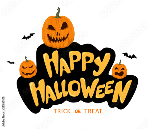 Happy Halloween handwritten text. Volumetric and fantasy lettering with pumpkins decor and bats. Vector isolate decor on a white background.