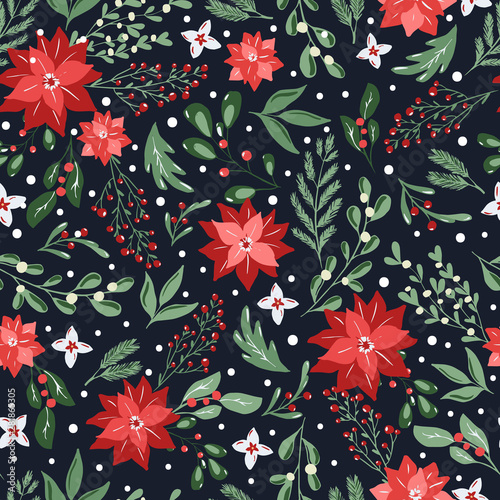 Seamless pattern with hand drawn poinsettia flowers and floral branches and berries, mistletoe, christmas florals. Repeating background for wrapping paper, fabric, stationary products decoration.