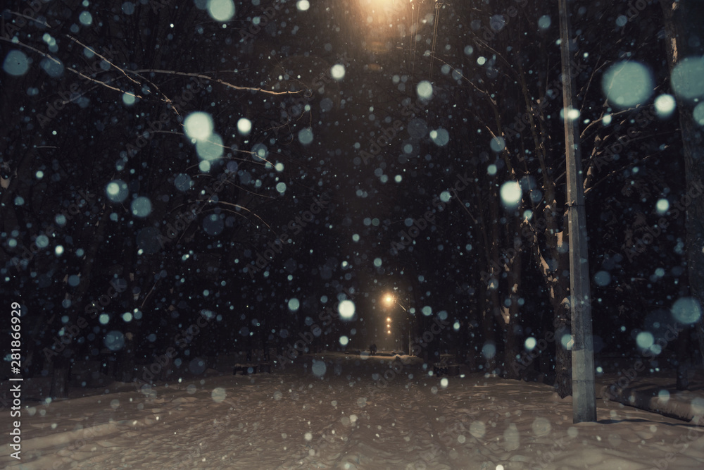 Fototapeta premium Winter landscape with snowsfall in city