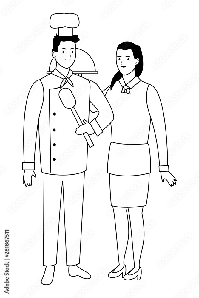 Professionals workers couple smiling cartoons in black and white Professionals workers couple smiling cartoons in black and white
