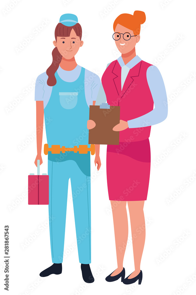 Professionals workers couple smiling cartoons Professionals workers couple smiling cartoons