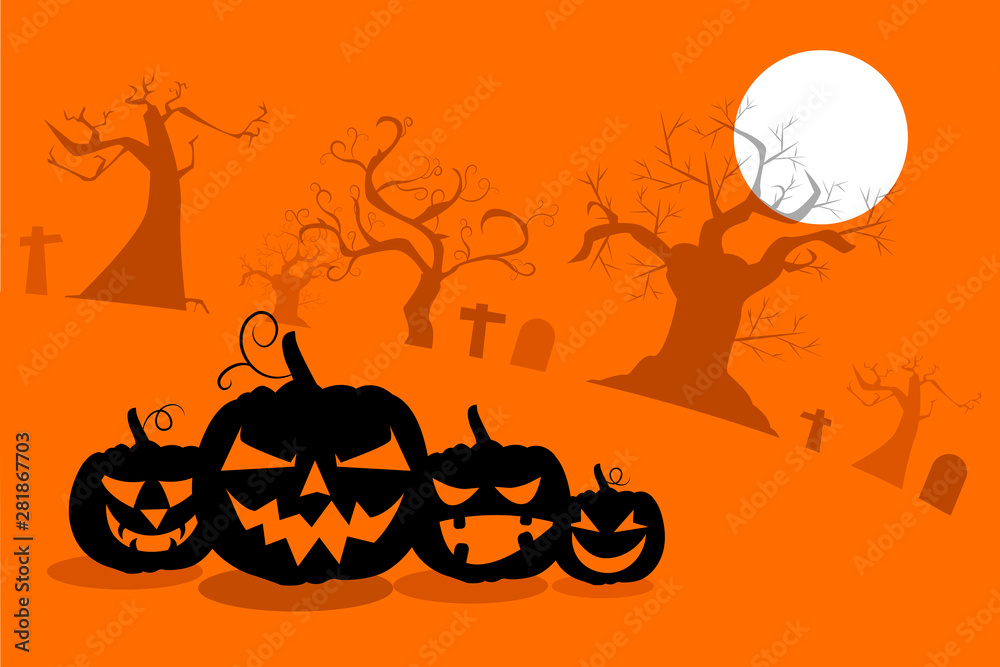 Black silhouettes of pumpkins with scary faces on background of clumsy scary trees, cemeteries, moon