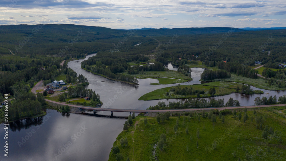 Aerial panoramic view on Idre(Storån-Österdalälven) and river Storon. Sweden, July 2019