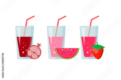 glass cup of fruit juice with straw. Pomegranate, watermelon, strawberry. Red juice or cocktail. Healthy lifestyle, summertime. vector fruit juice icon set