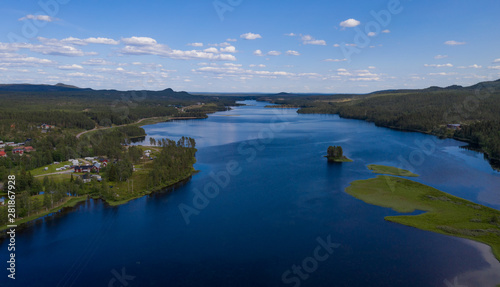 Aerial(drone) panoramic view on lake Storån-Österdalälven. Idre, Sweden, July 2019 photo