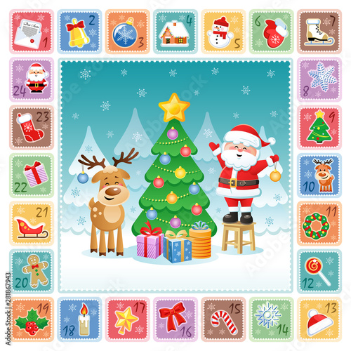 Christmas Advent Calendar with cute Santa Claus, Deer and Christmas decorations. Vector illustration. Flat design without transparency.