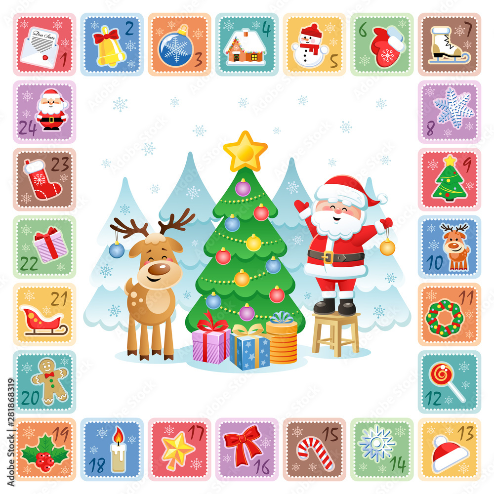 Christmas Countdown Advent Calendar with Christmas decorative icons, funny Santa Claus and a Deer. Vector illustration without transparency. Christmas Countdown Advent Calendar with Christmas decorative icons, funny Santa Claus and a Deer. Vector illustration without transparency.