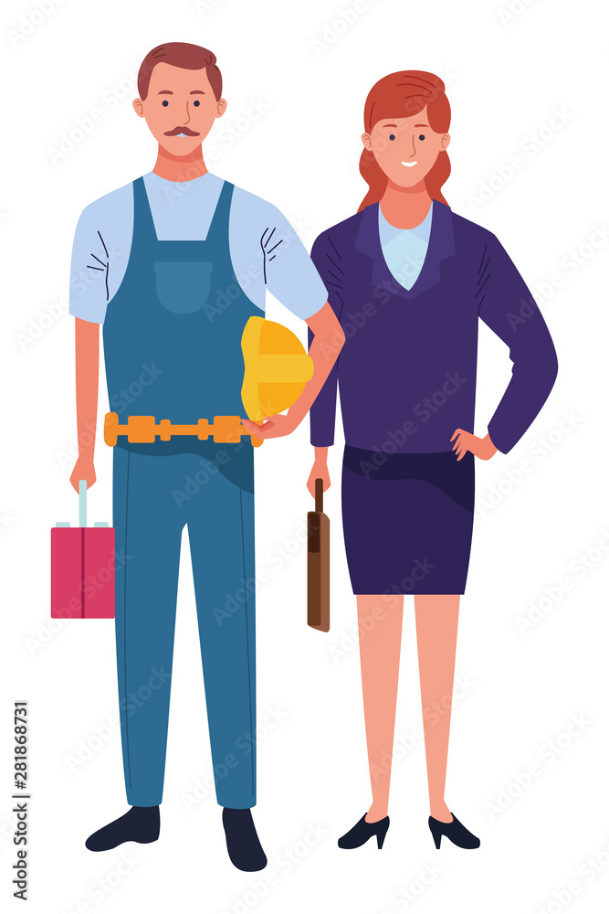 Professionals workers couple smiling cartoons Professionals workers couple smiling cartoons