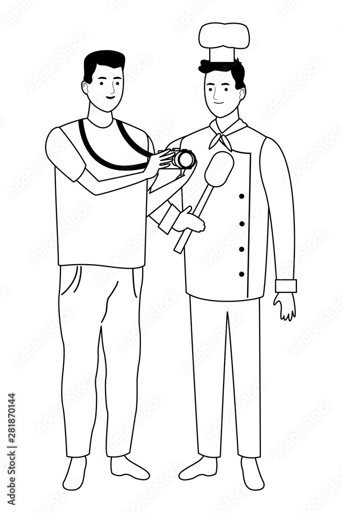 Professionals workers couple smiling cartoons in black and white Professionals workers couple smiling cartoons in black and white