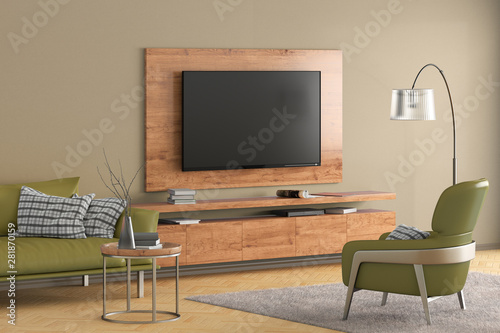 TV on the wall of modern living room © dimamoroz