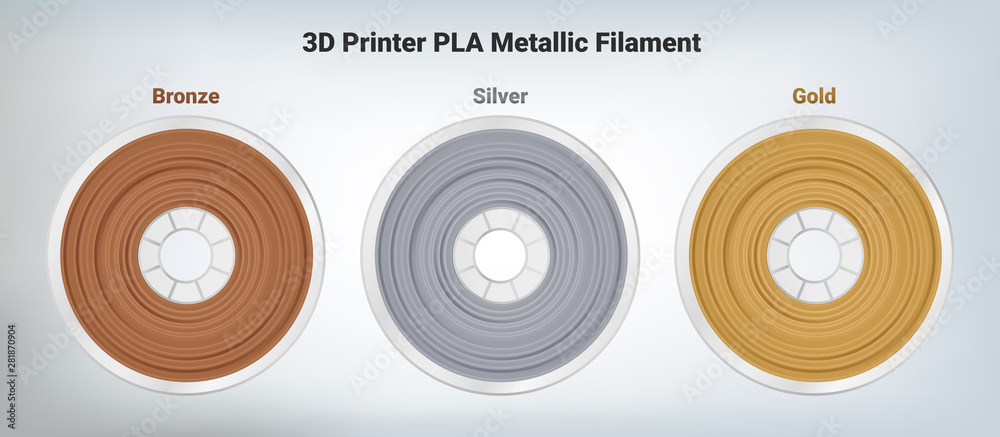 Vector set of illustrations of special glittering composite pla or abs copper bronze, silver and gold filament for 3D printing wounded on the spool. Plastic silver special material for a 3D printer. - obrazy, fototapety, plakaty 