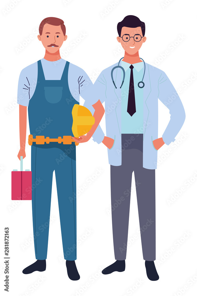 Professionals workers couple smiling cartoons Professionals workers couple smiling cartoons