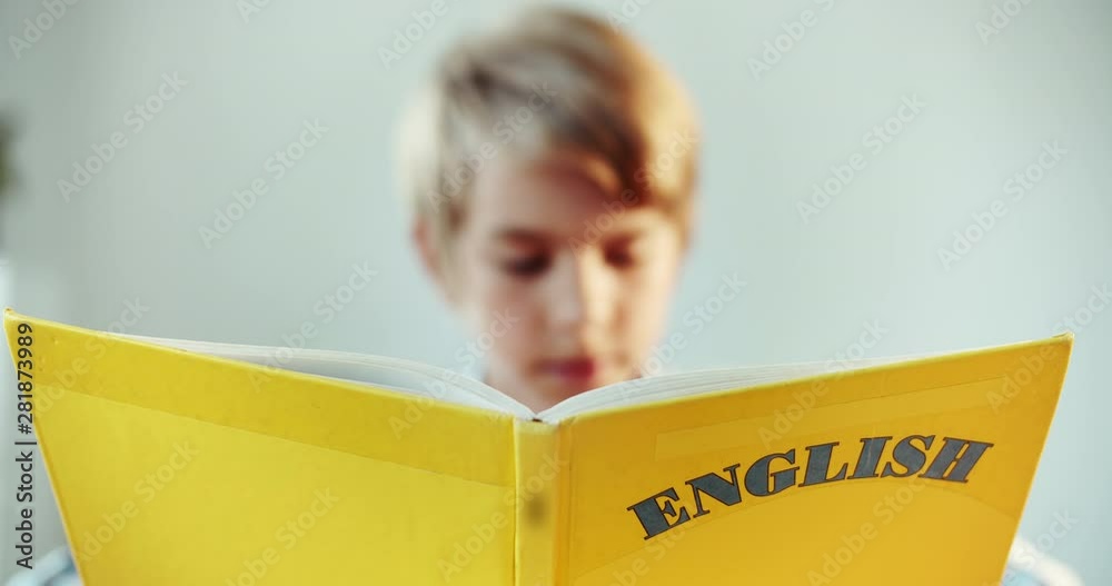 Preteen boy holding english textbook, learning english language at school, knowledge