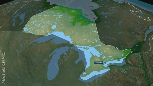 Ontario - province of Canada with its capital zoomed on the physical map of the globe. Animation 3D