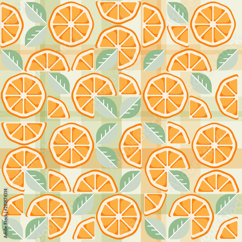 Green and orange checkered citrus seamless pattern. You can enjoy this picnic inspired pattern on packaging, textiles, backgrounds, and more.