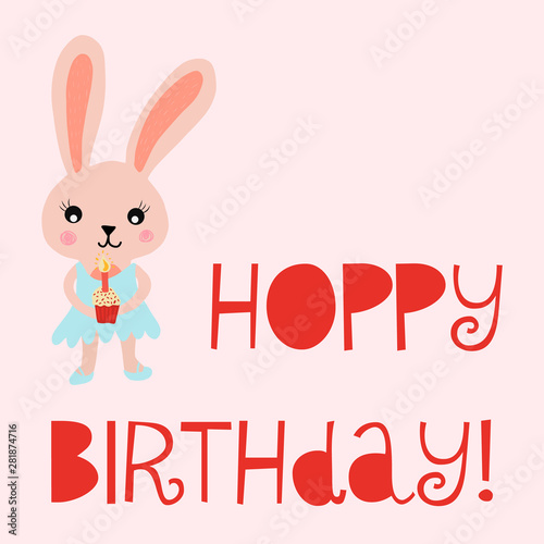 Happy birthday card bunny cute vector illustration for kids birthday card. Hoppy birthday with rabbit holding a cupcake with a candle. 