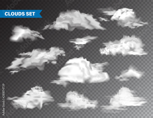 Realistic Clouds Set. Isolated Cloud on Transparent Background. Sky Panorama. Vector Design Element.