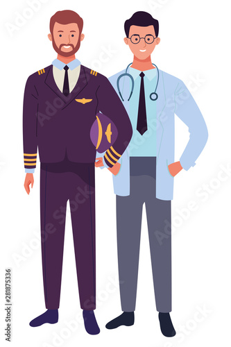 Professionals workers couple smiling cartoons