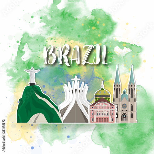 Brazil Landmark Global Travel And Journey watercolor background. Vector Design Template.used for your advertisement, book, banner, template, travel business or presentation.
