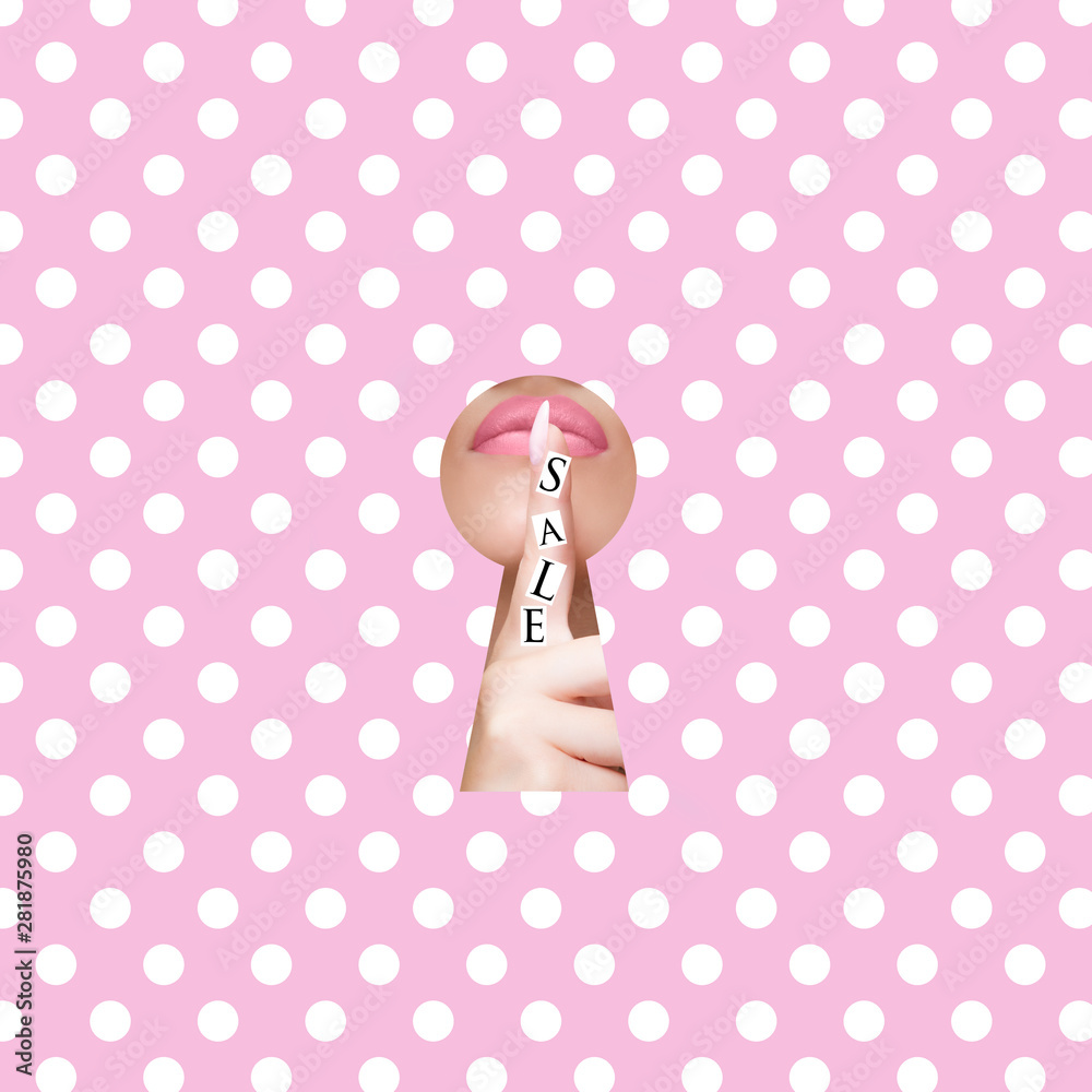 Secret Girl on pink and white background. Pink Lips trend. Sale.