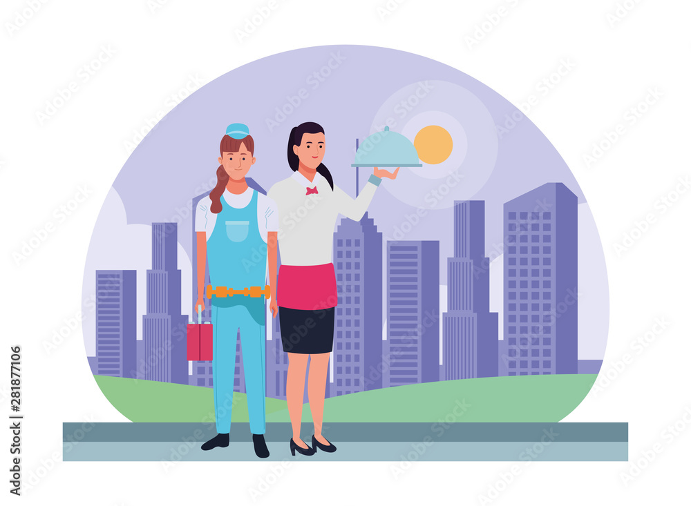 Professionals workers couple smiling cartoons Professionals workers couple smiling cartoons