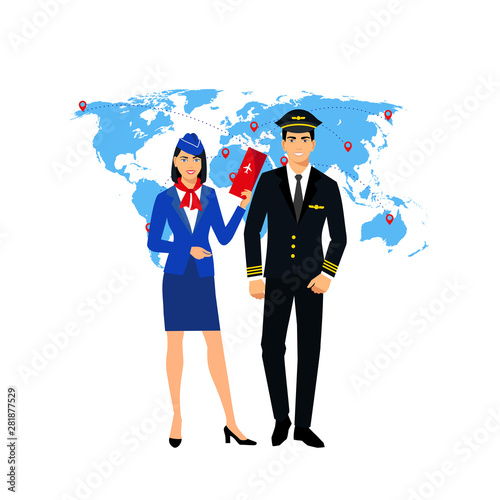 Flight attendant and a pilot- vector illustration. stewardess with a ticket in hand and a pilot on a background of a world map. airplane travel concept