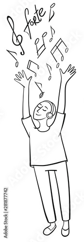 Music lover in headphones stands and enjoys listening to music. Hairless man lifts up his arms,  notes and G major flying  above him. Vector outline illustration drawings on a white background
