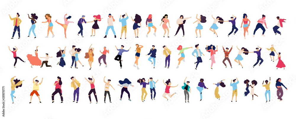 Crowd of young people dancing at club. Big set of characters having fun at party. Flat colorful vector illustration. - Vector