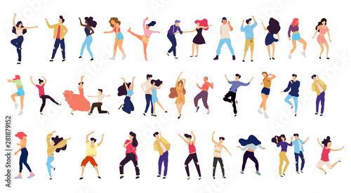 Crowd of young people dancing at club. Big set of characters having fun at party. Flat colorful vector illustration. - Vector