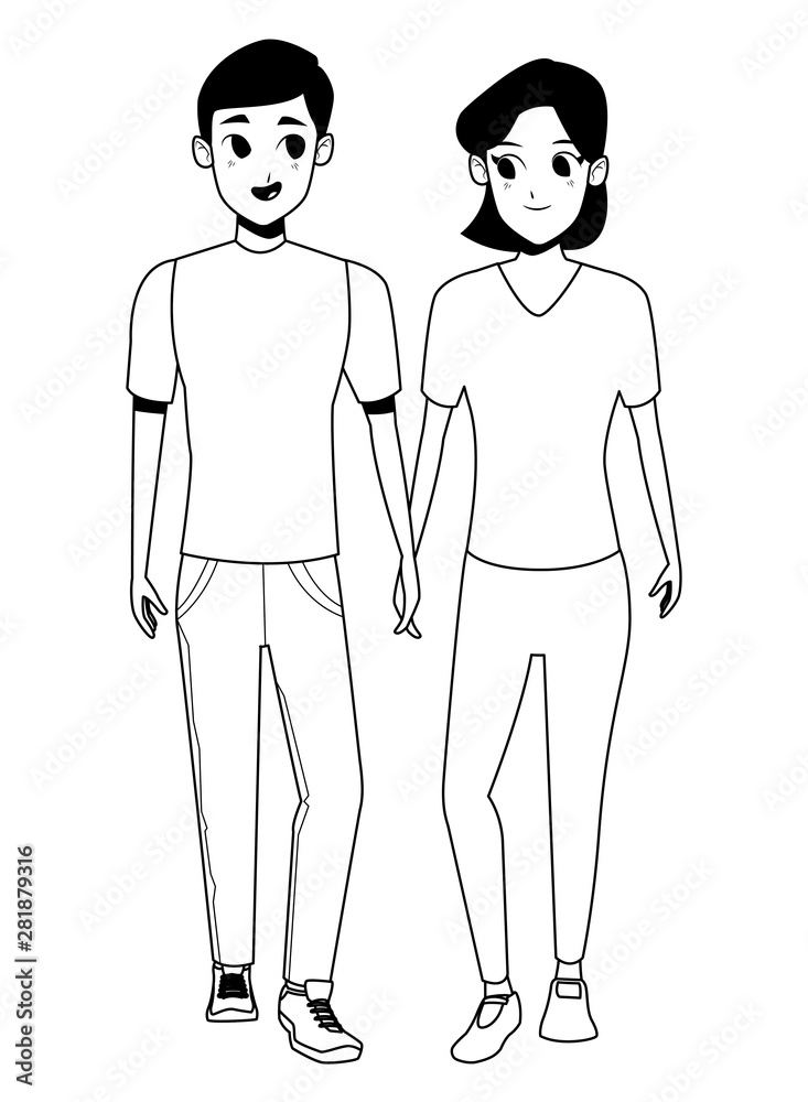 Young couple smiiling and walking cartoon in black and white Young couple smiiling and walking cartoon in black and white
