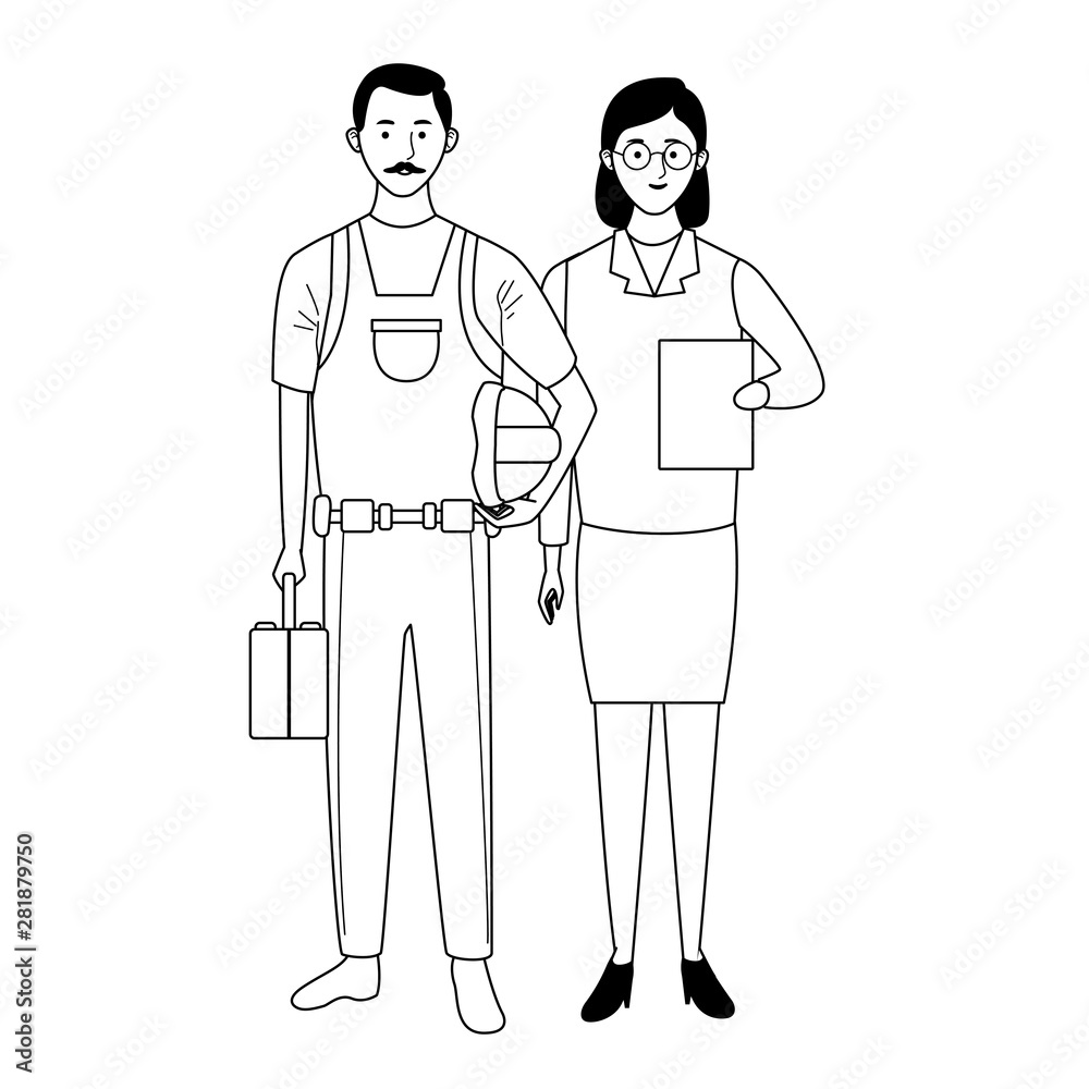 Professionals workers couple smiling cartoons in black and white Professionals workers couple smiling cartoons in black and white