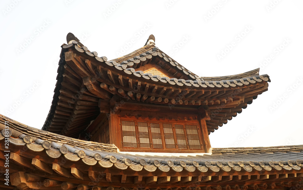 Part of the roof of an ancient Korean palace building. Deoksugung Palace, Seoul.