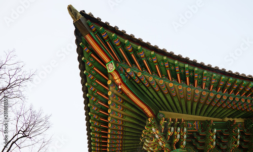 Part of the roof of an ancient Korean palace building. Deoksugung Palace, Seoul.