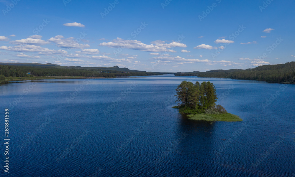 Aerial(drone) panoramic view on lake Storån-Österdalälven. Idre, Sweden, July 2019