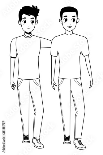 Young couple smiiling and walking cartoon in black and white