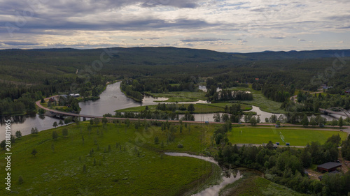 Aerial panoramic view on Idre(Storån-Österdalälven) and river Storon. Sweden, July 2019