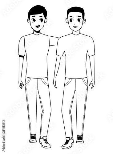 Young couple smiiling and walking cartoon in black and white