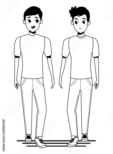 Young couple smiiling and walking cartoon in black and white