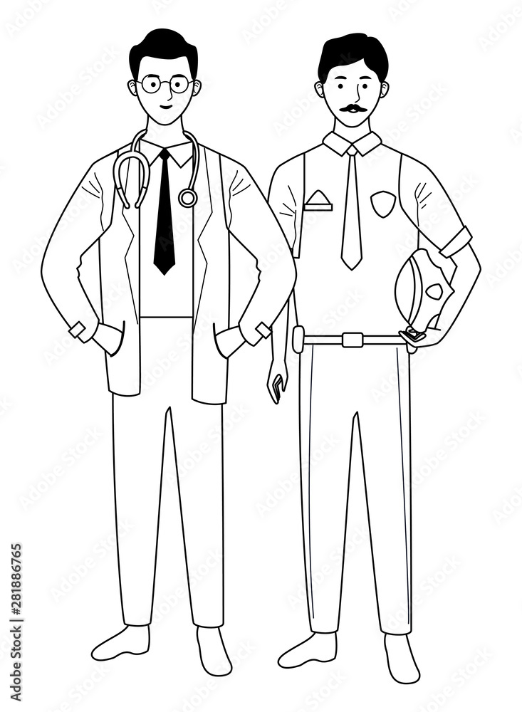 Professionals workers couple smiling cartoons in black and white Professionals workers couple smiling cartoons in black and white